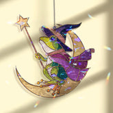 Wizard Frog on Moon Acrylic Suncatcher, Stained Glass Style Magical Animal Window Hanging, Cute Halloween Fantasy Home Decor Gift